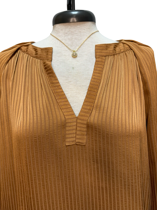 Split Neck Long Sleeve Blouse Apple Cider
