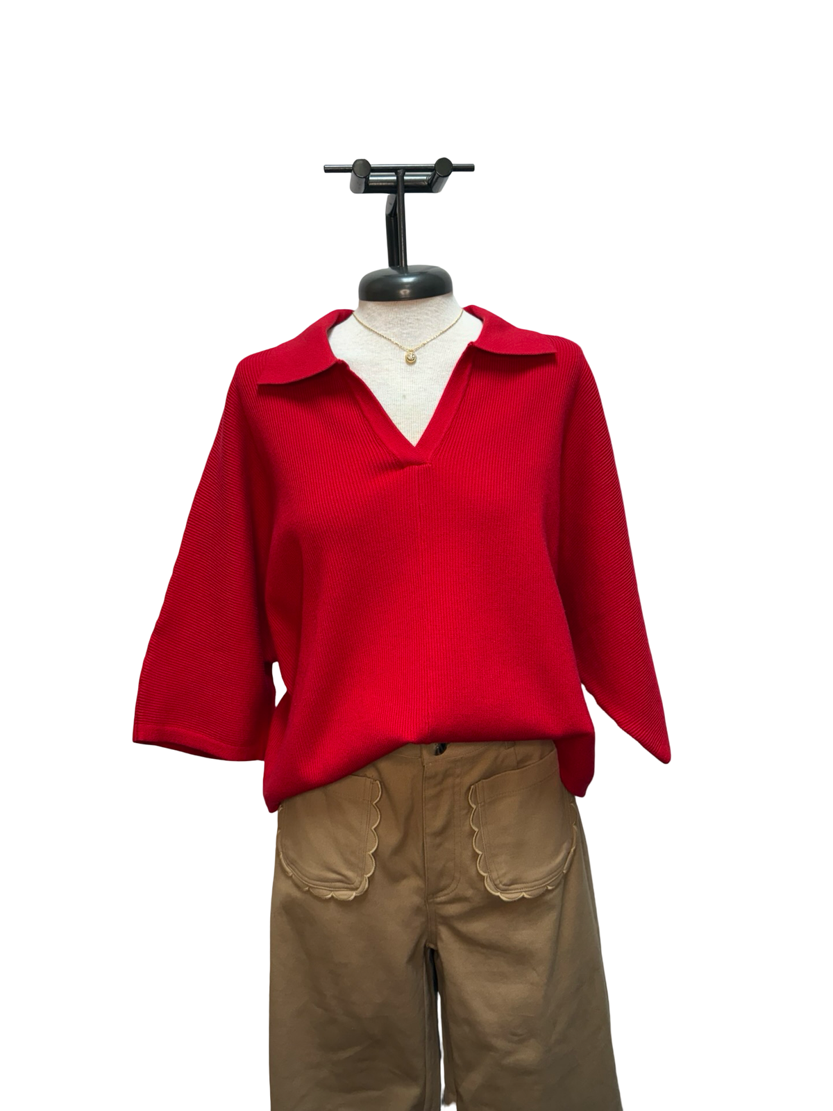 Knit 3/4 Sleeve V Neck Top