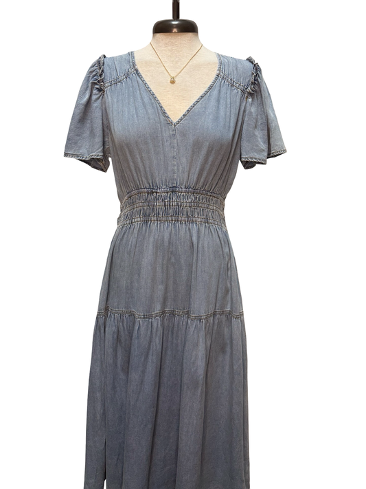 Snow Washed Smocked V-Neck Chambray Dress