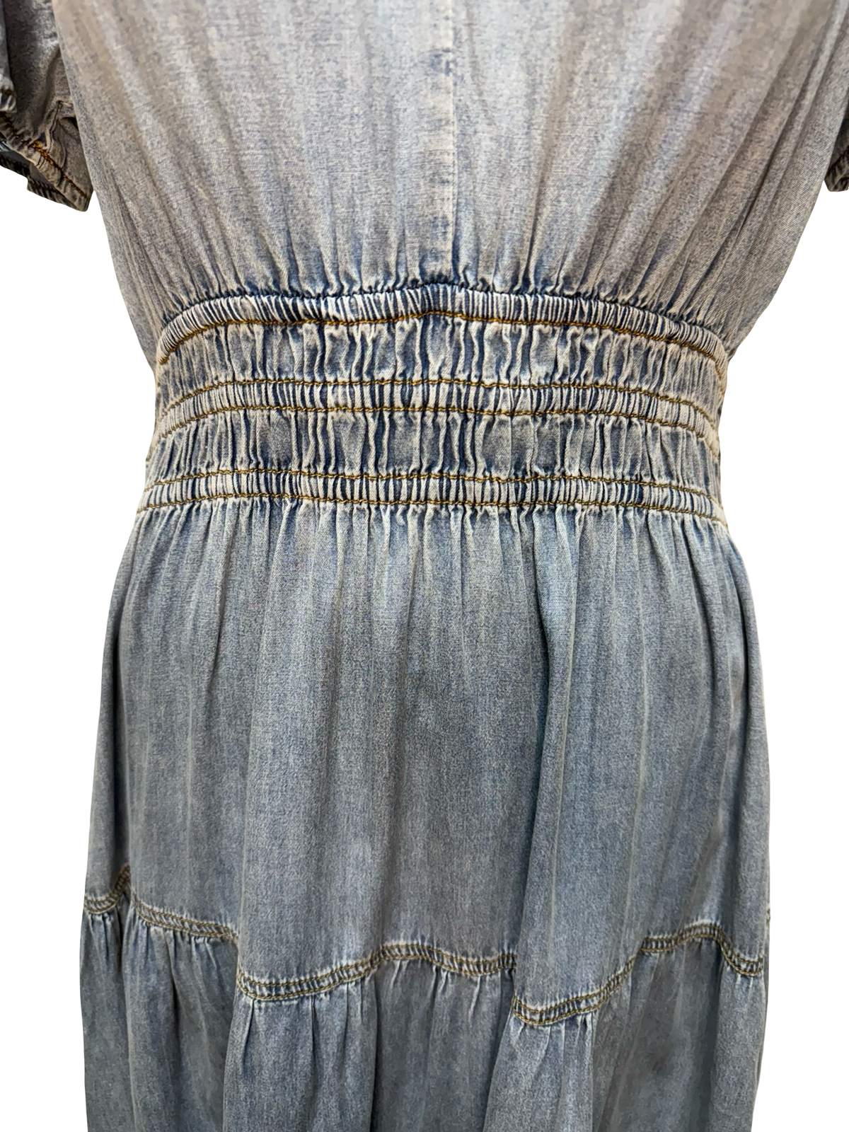 Snow Washed Smocked V-Neck Chambray Dress