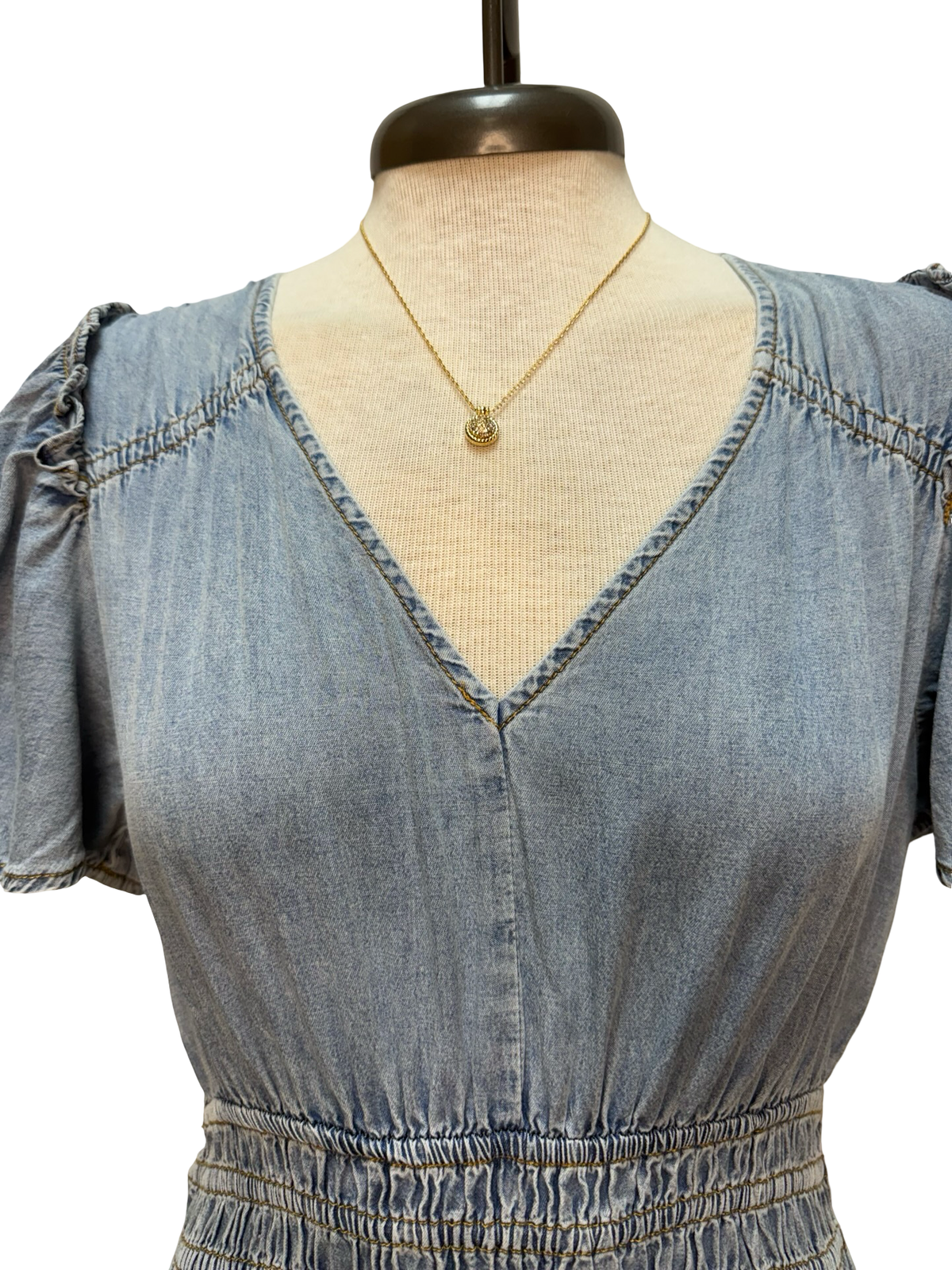 Snow Washed Smocked V-Neck Chambray Dress