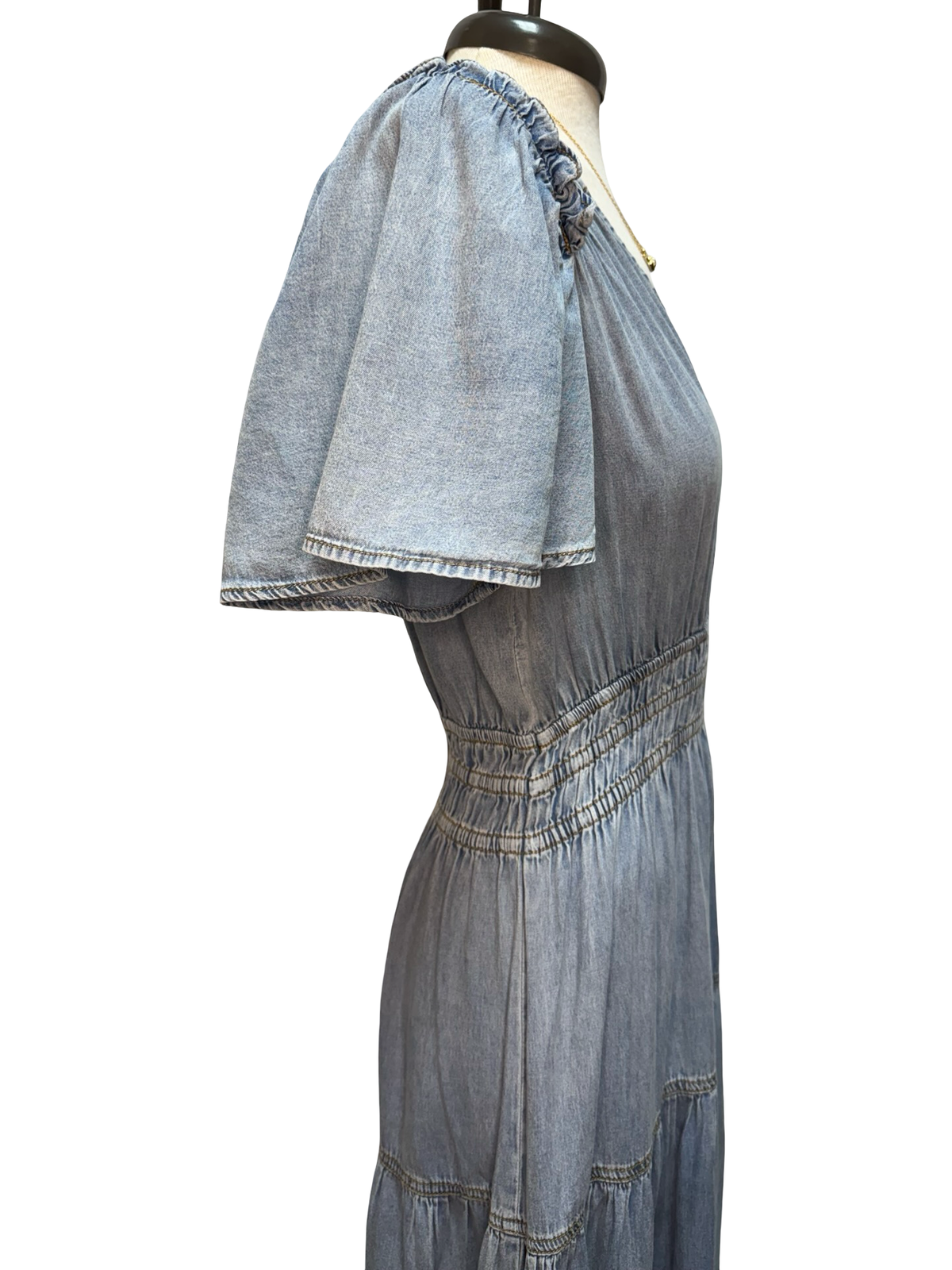 Snow Washed Smocked V-Neck Chambray Dress