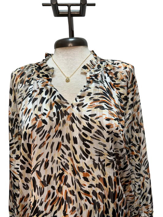 Abstract Print Bubble Sleeve Blouse Burnt Sienna