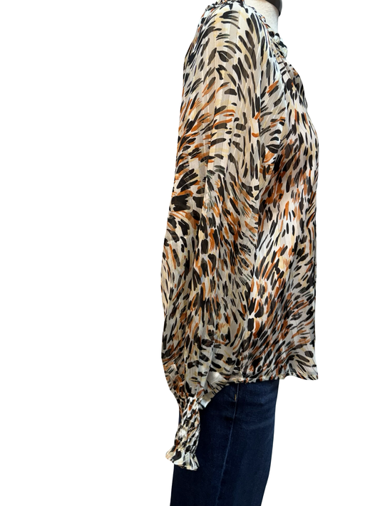 Abstract Print Bubble Sleeve Blouse Burnt Sienna