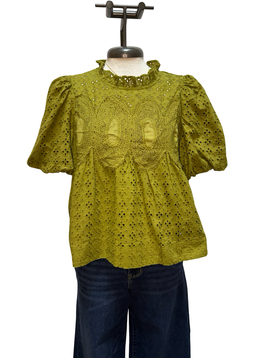 Eyelet Detail Crochet Trim Top Olive