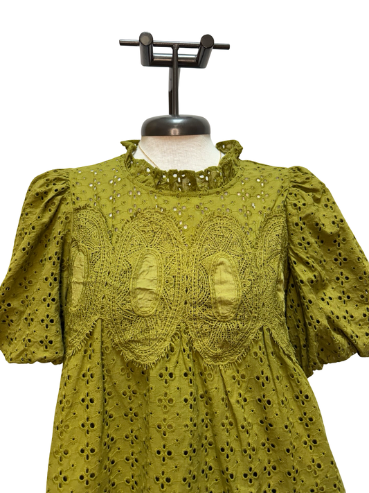 Eyelet Detail Crochet Trim Top Olive