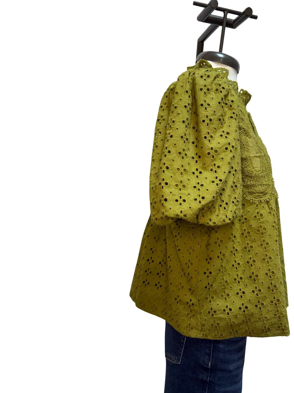 Eyelet Detail Crochet Trim Top Olive