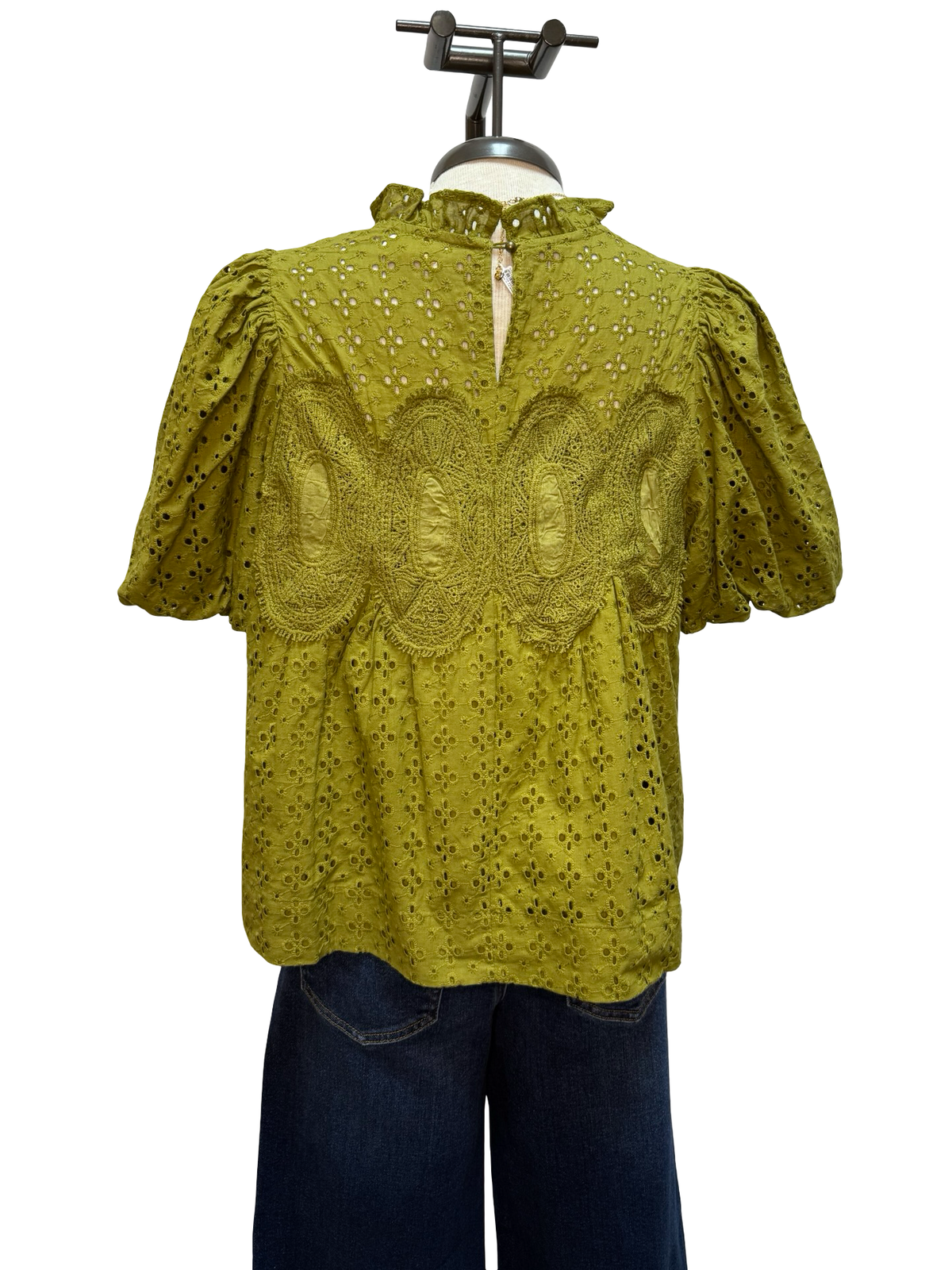Eyelet Detail Crochet Trim Top Olive