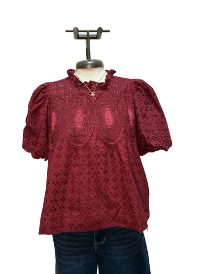 Eyelet Detail Crochet Trim Top Burgundy