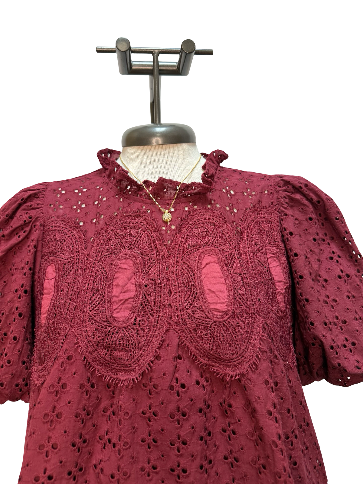 Eyelet Detail Crochet Trim Top Burgundy