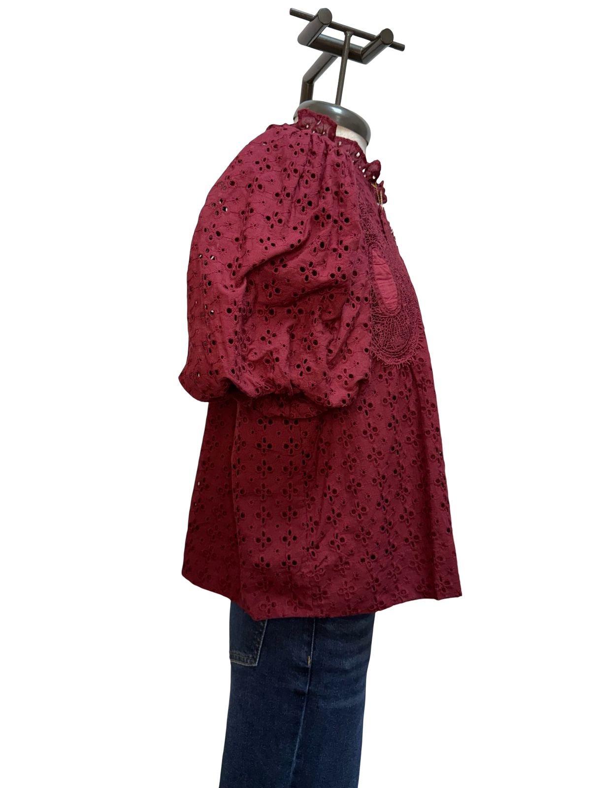 Eyelet Detail Crochet Trim Top Burgundy