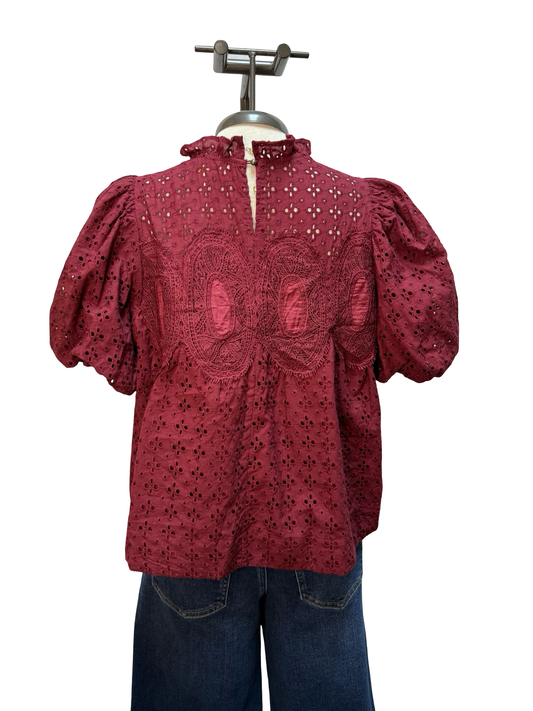Eyelet Detail Crochet Trim Top Burgundy