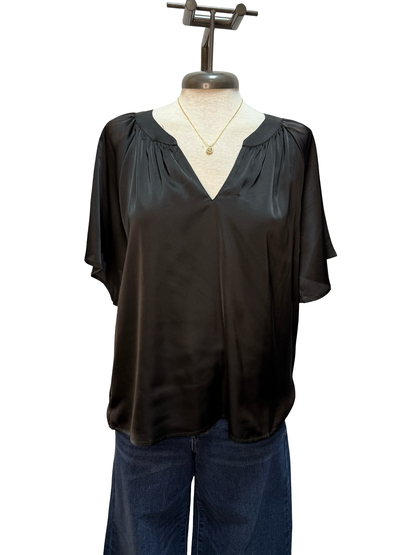 Pleated Notch Neck Short Sleeve Top Black
