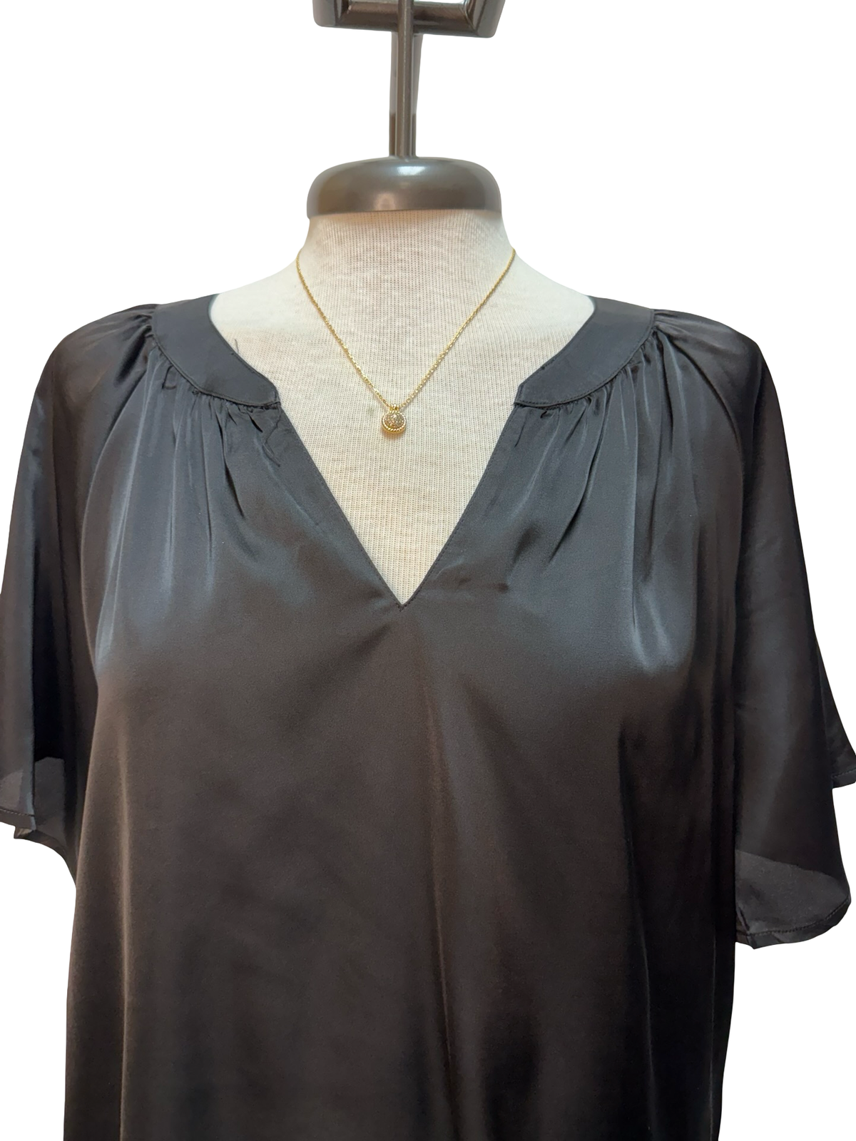 Pleated Notch Neck Short Sleeve Top Black
