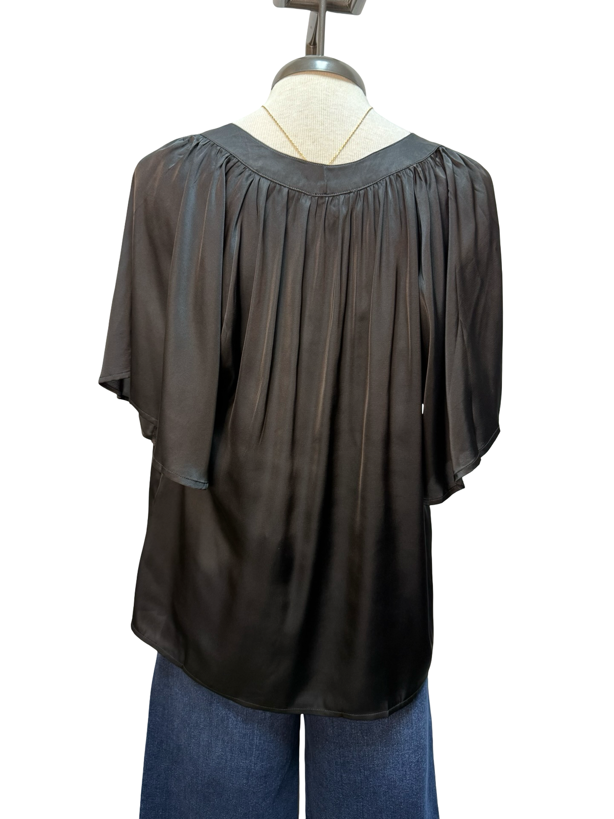 Pleated Notch Neck Short Sleeve Top Black
