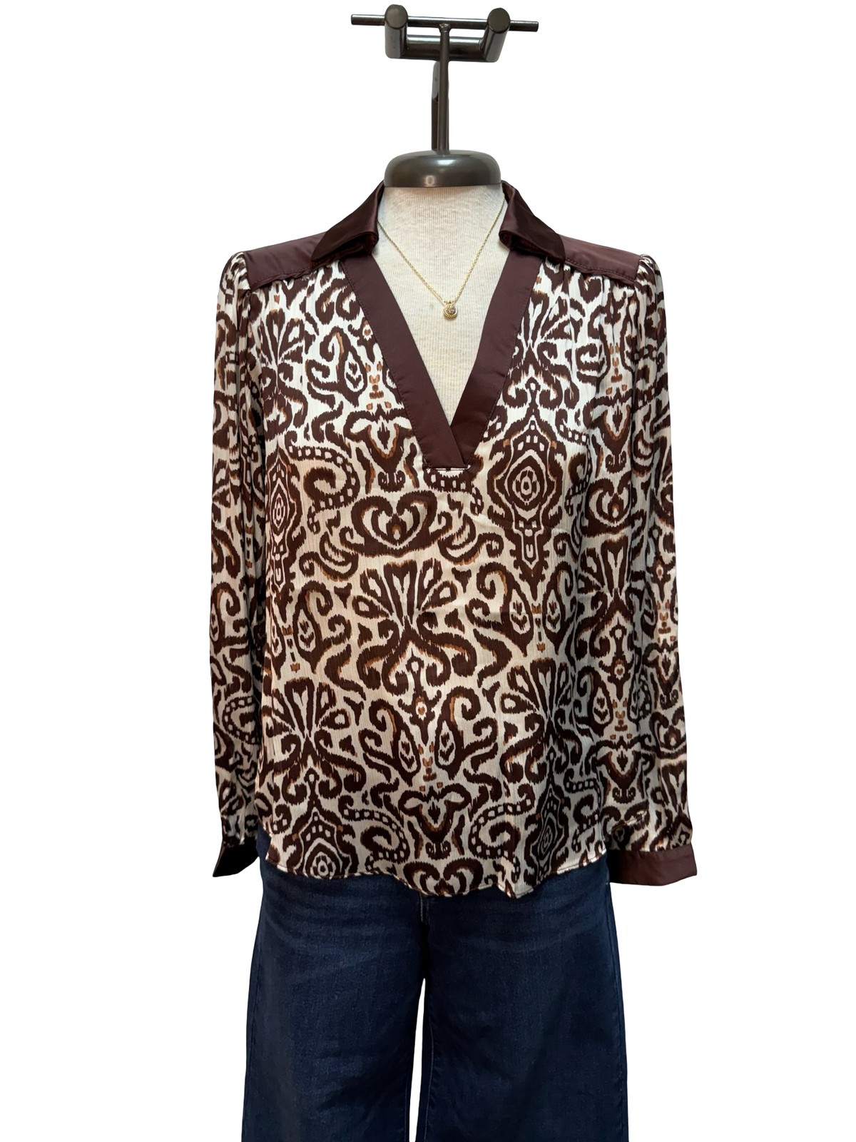 Contrast Pattern Long Sleeve Blouse Brown