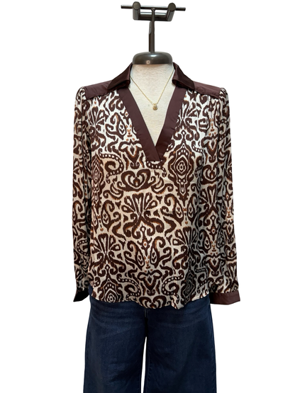Contrast Pattern Long Sleeve Blouse Brown