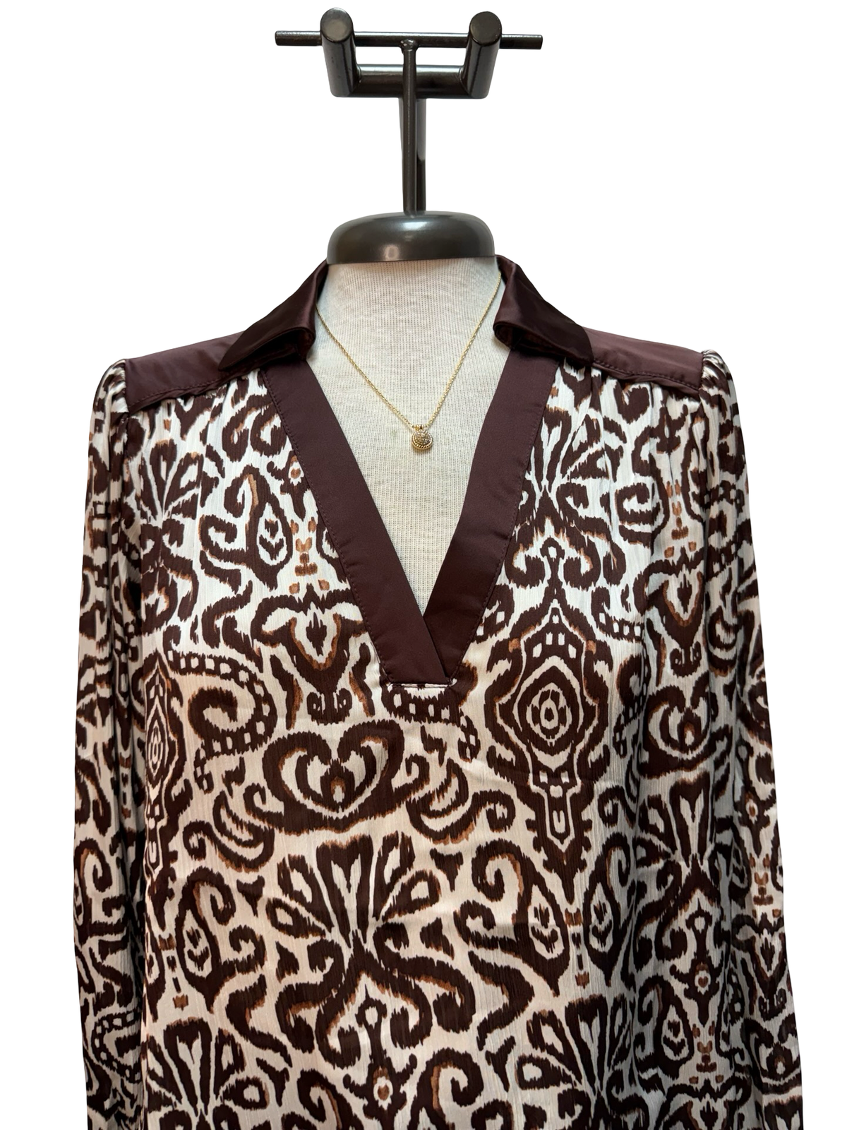 Contrast Pattern Long Sleeve Blouse Brown