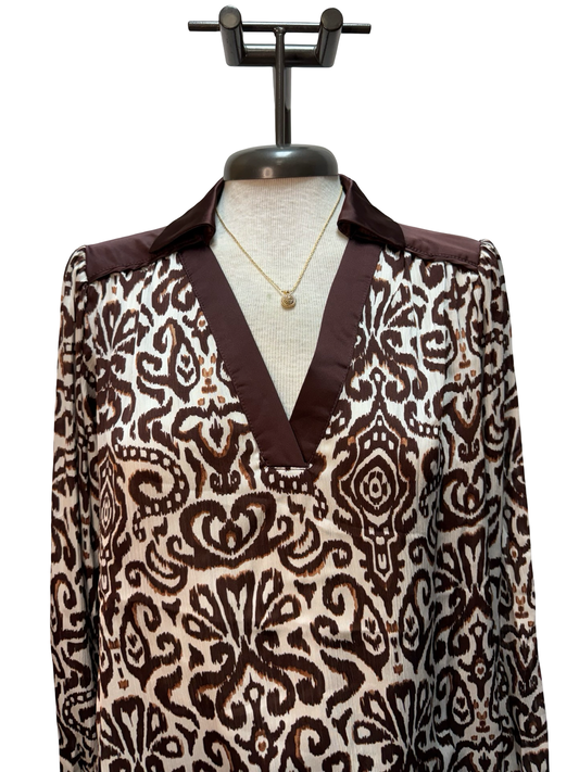 Contrast Pattern Long Sleeve Blouse Brown