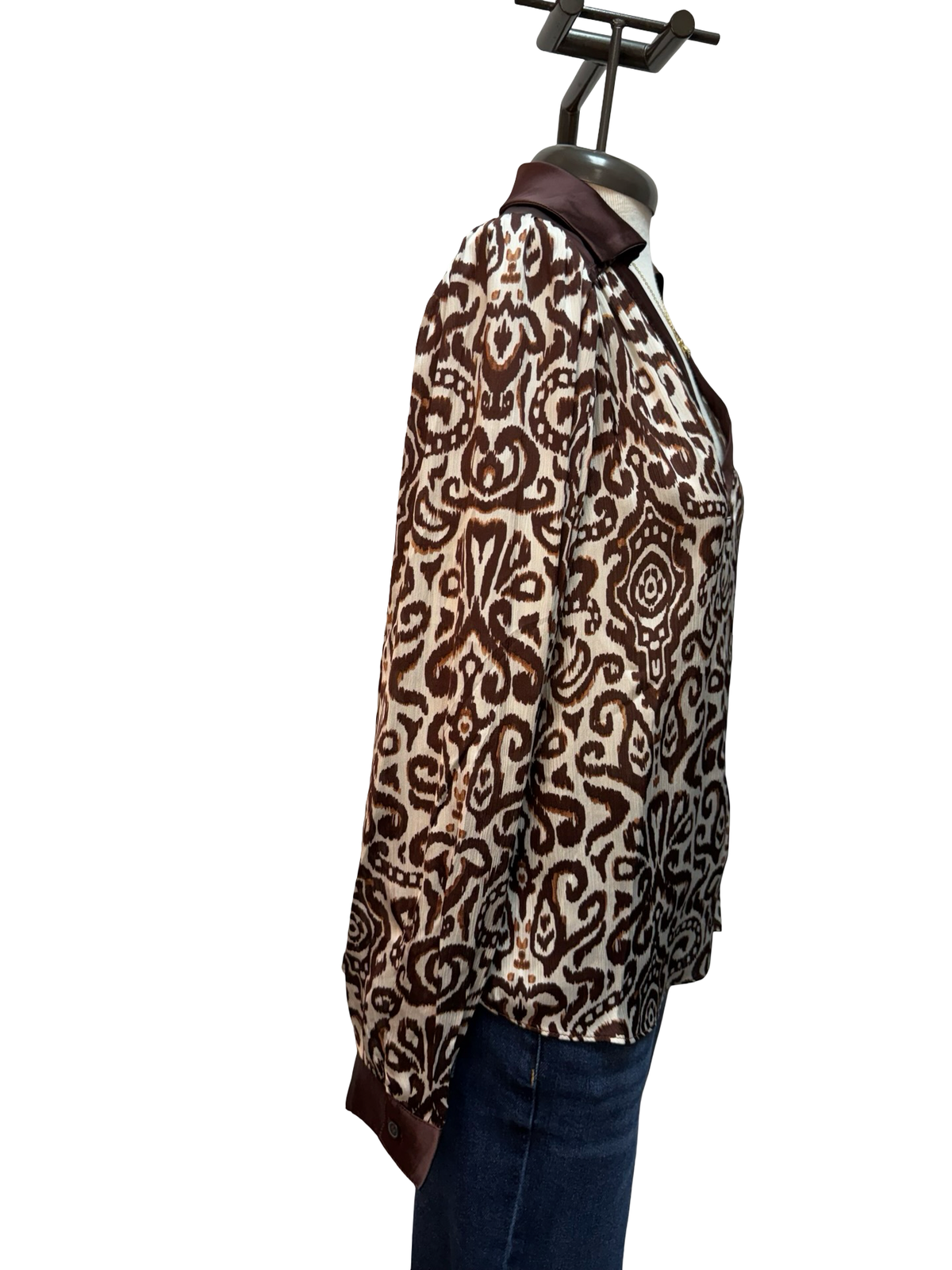 Contrast Pattern Long Sleeve Blouse Brown