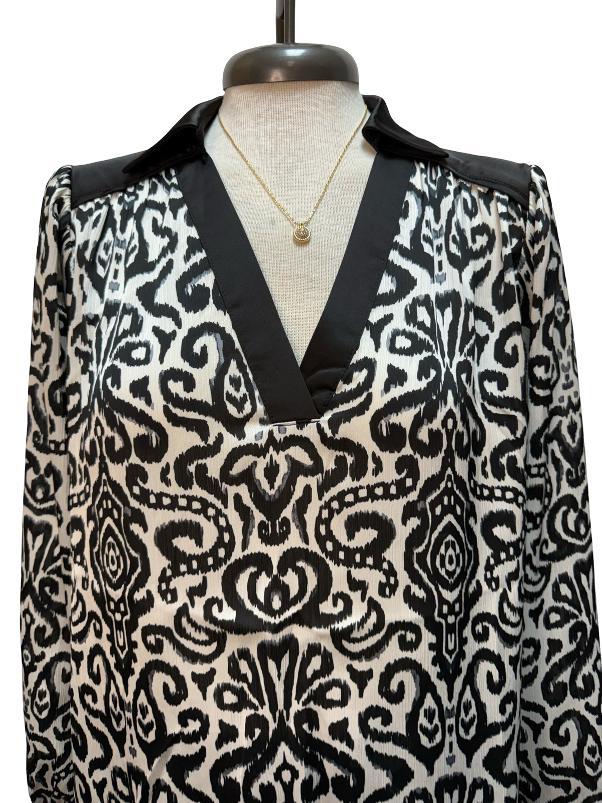 Contrast Pattern Long Sleeve Blouse Black