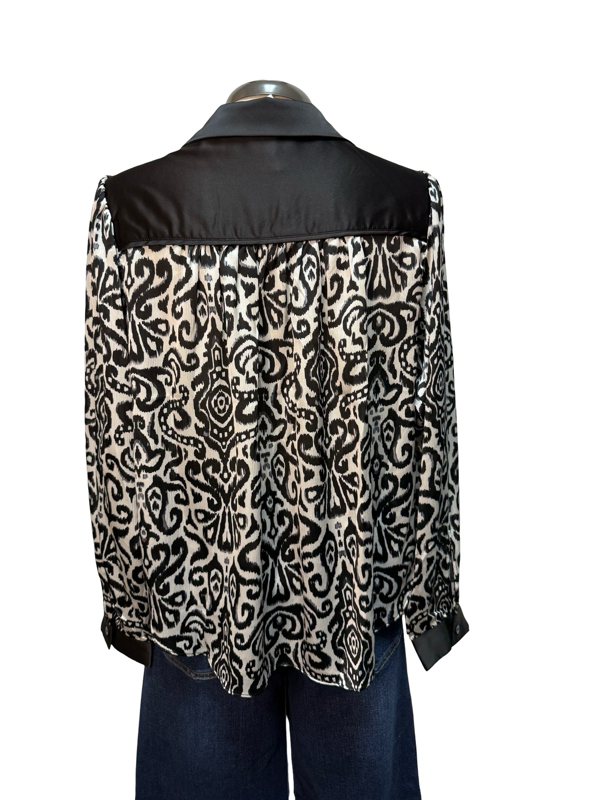 Contrast Pattern Long Sleeve Blouse Black