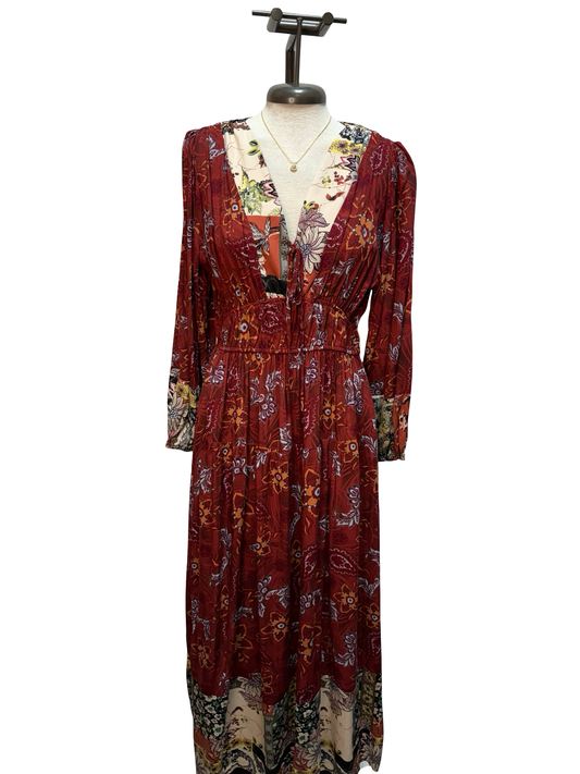 Mixed Print Front Tie Maxi Dress Marsala