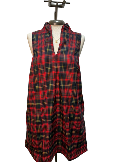 Plaid Notched Neck Sleeveless Dress Black & Red
