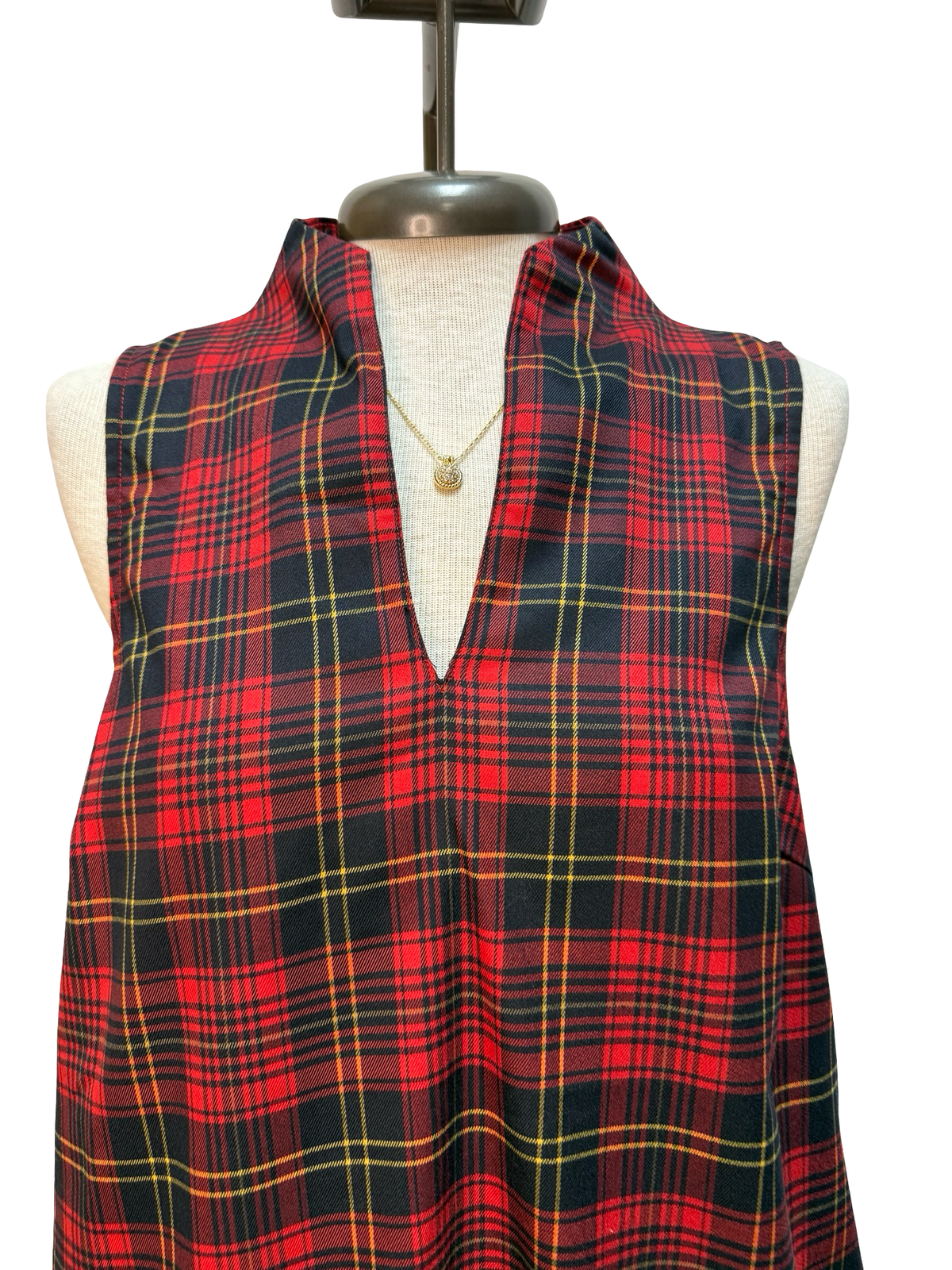 Plaid Notched Neck Sleeveless Dress Black & Red