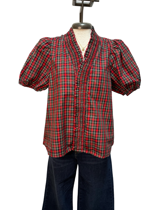 Plaid Short Puff Sleeve Ruched Neck Top