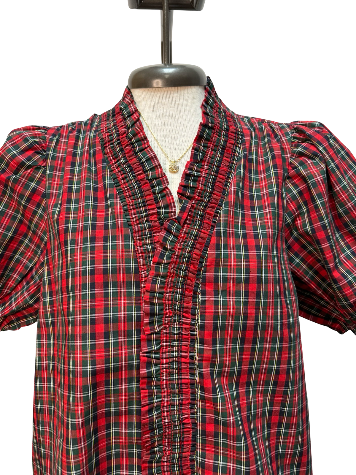 Plaid Short Puff Sleeve Ruched Neck Top