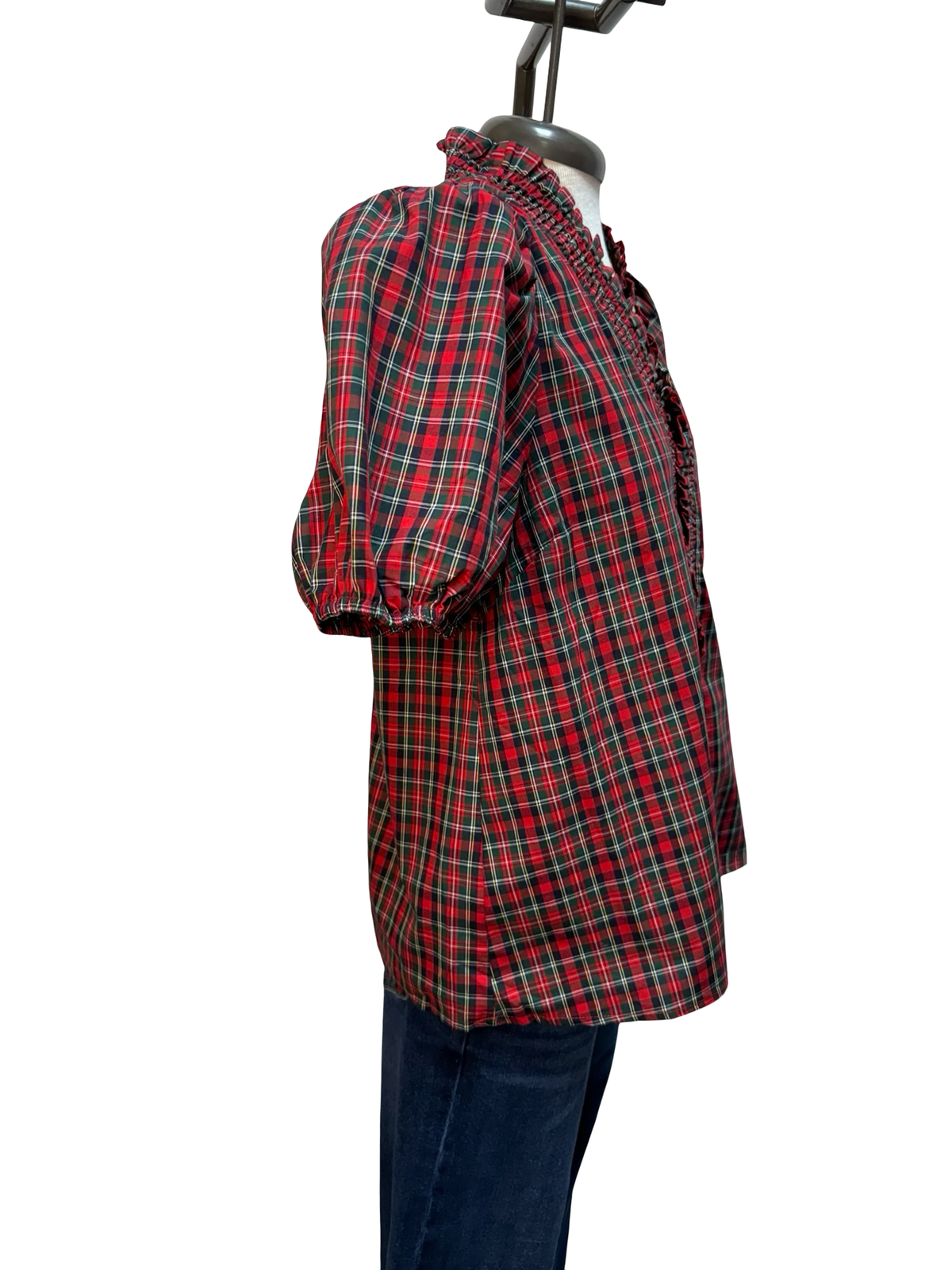 Plaid Short Puff Sleeve Ruched Neck Top