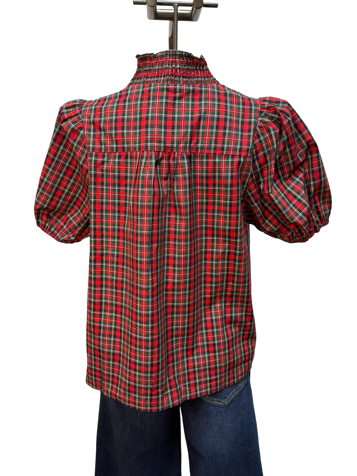Plaid Short Puff Sleeve Ruched Neck Top