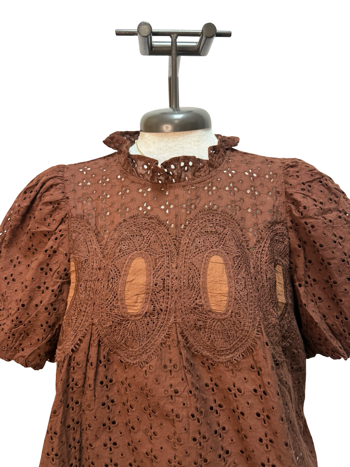 Eyelet Detail Crochet Trim Top Brown