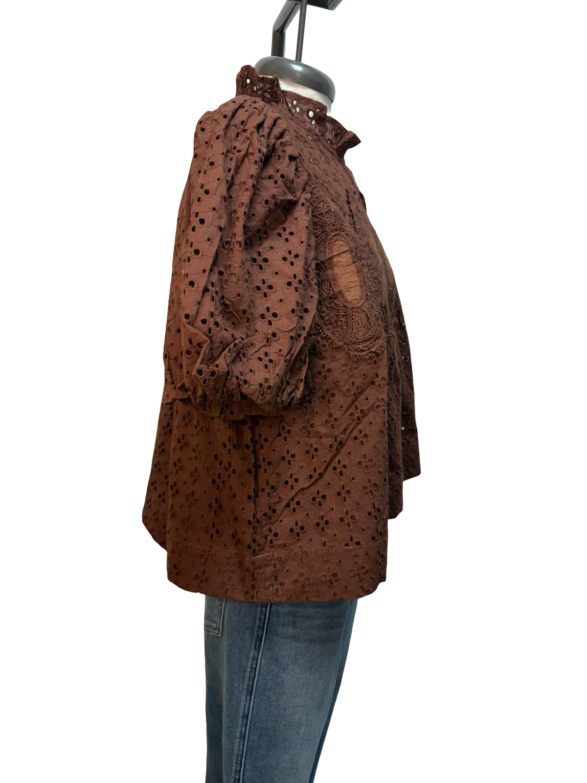 Eyelet Detail Crochet Trim Top Brown