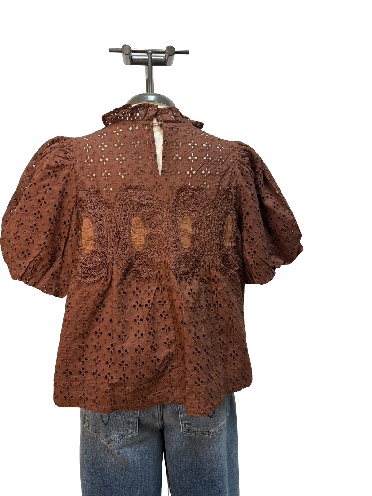 Eyelet Detail Crochet Trim Top Brown