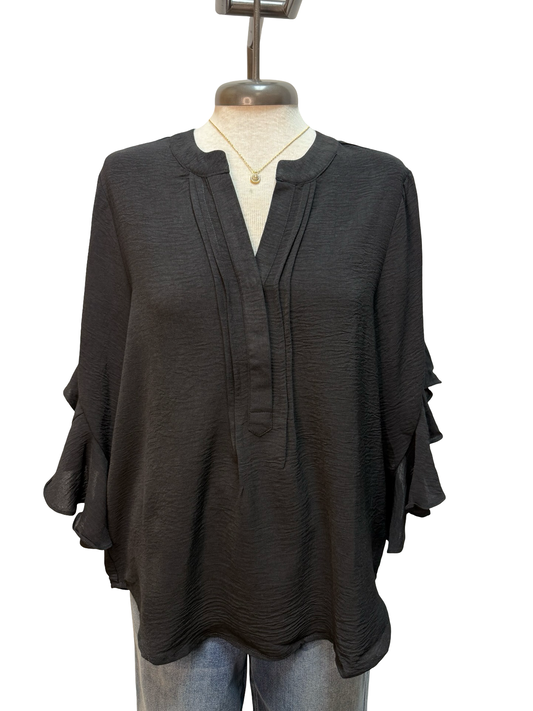Ruffled Bell Sleeve Front Pleat Detail Top Black
