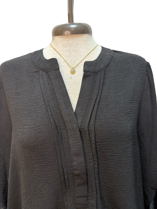 Ruffled Bell Sleeve Front Pleat Detail Top Black