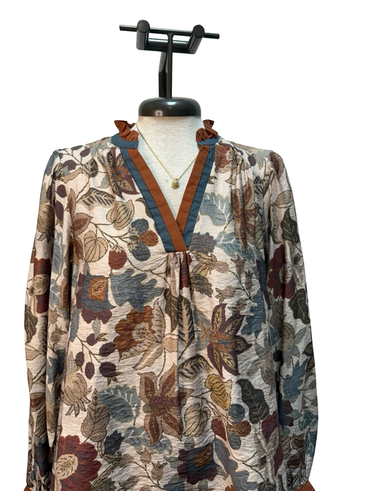 Floral Contrast Trim Long Sleeve Top Rust Mix