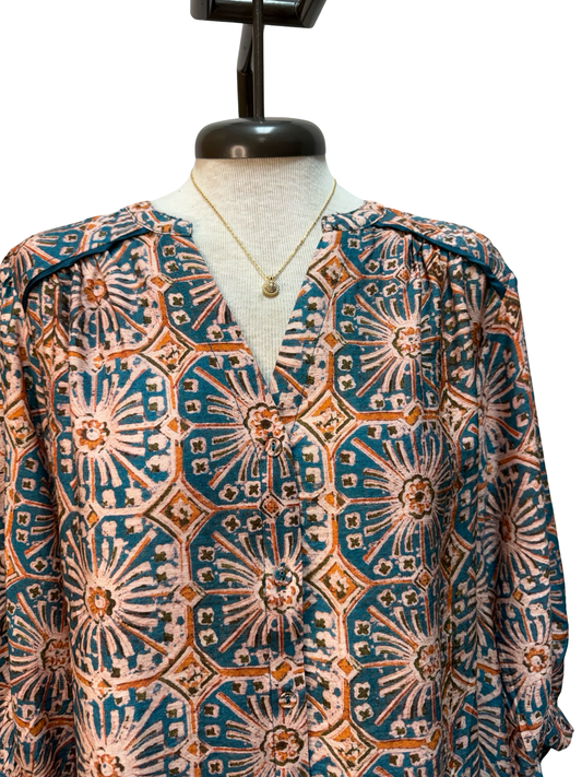 Abstract Print Button Front Blouse Blue