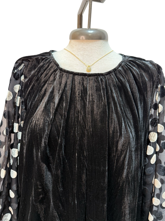 Velvet Polka Dot Sheer Sleeve Dress Black