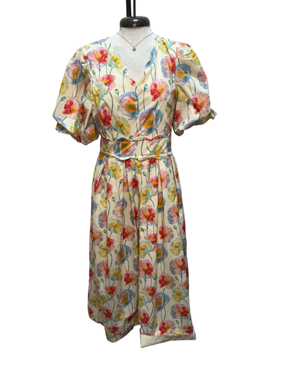 Floral Puff Sleeve Midi Dress Vanilla Mix