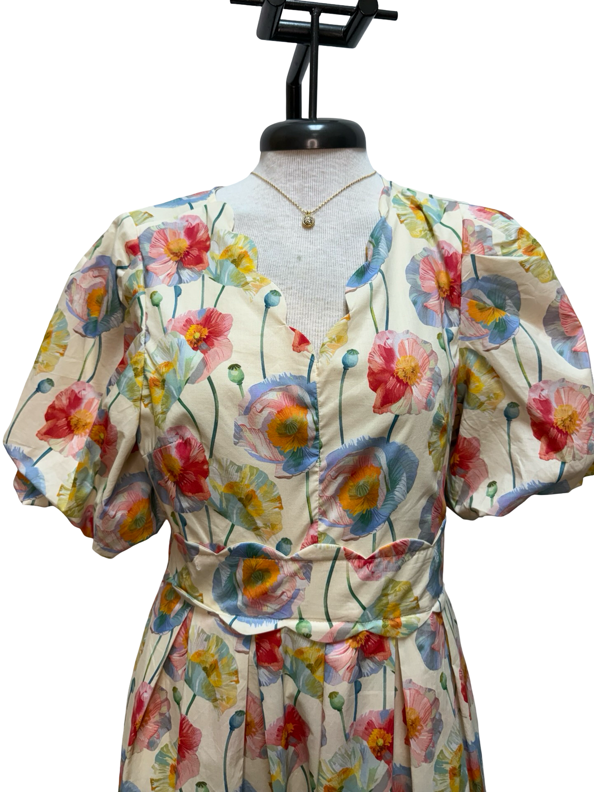 Floral Puff Sleeve Midi Dress Vanilla Mix