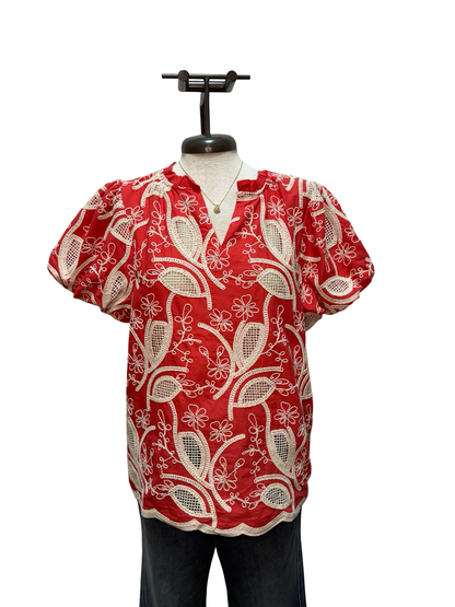 Floral Embroidered V Neck Blouse Mandarin
