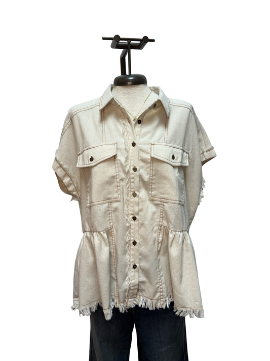 Linen Button Up Frayed Hem Top Oatmeal