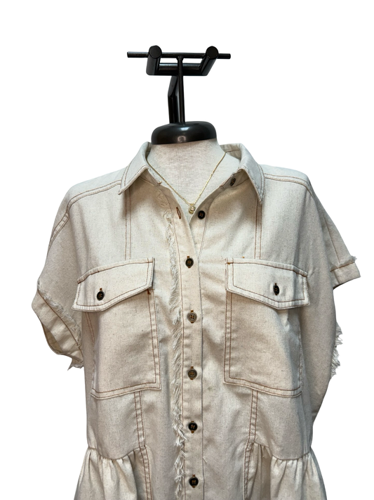 Linen Button Up Frayed Hem Top Oatmeal