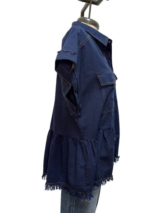 Linen Button Up Frayed Hem Top Navy Blue