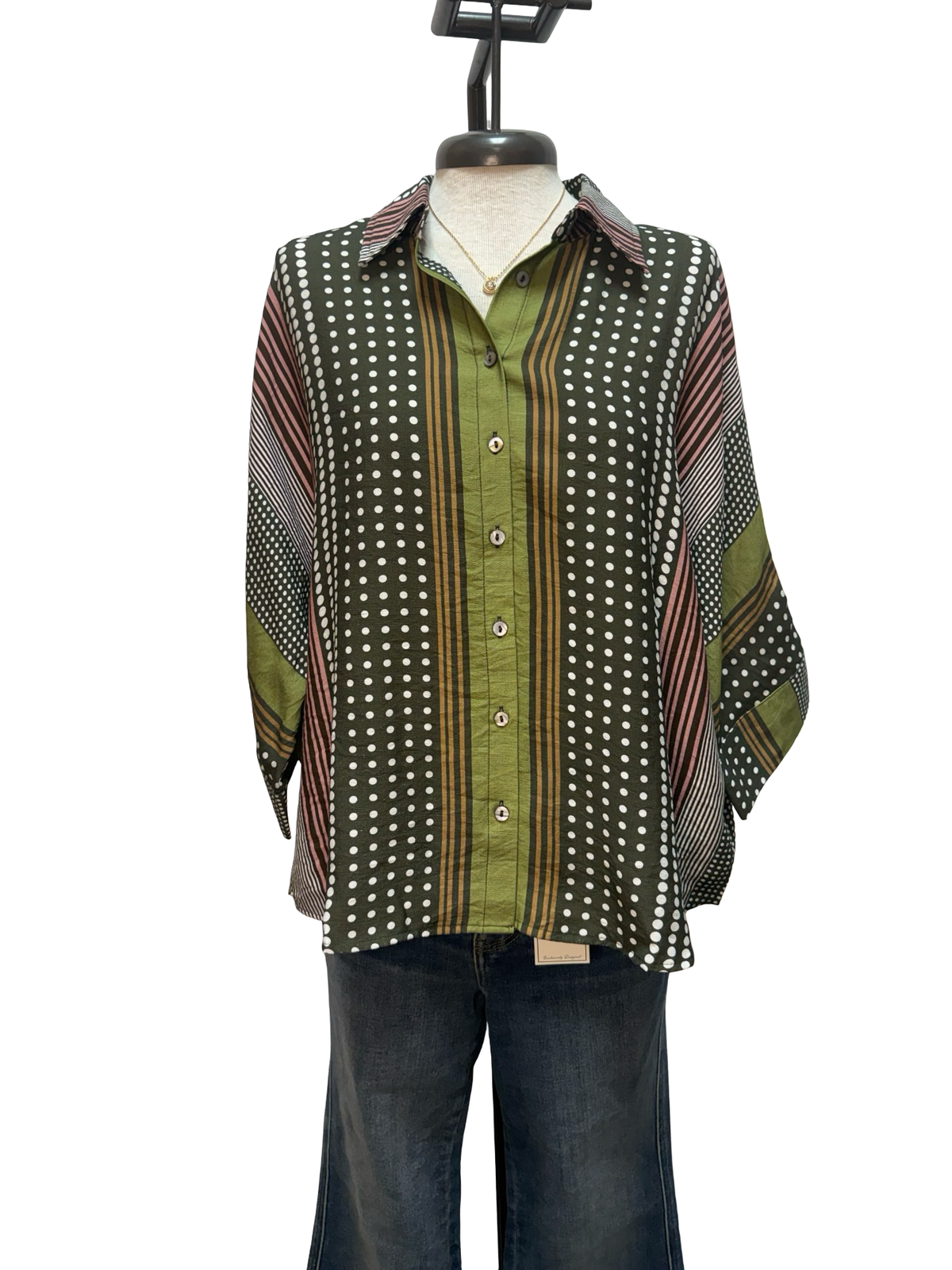 Stripe & Polka Dot Print Button Up Top Olive