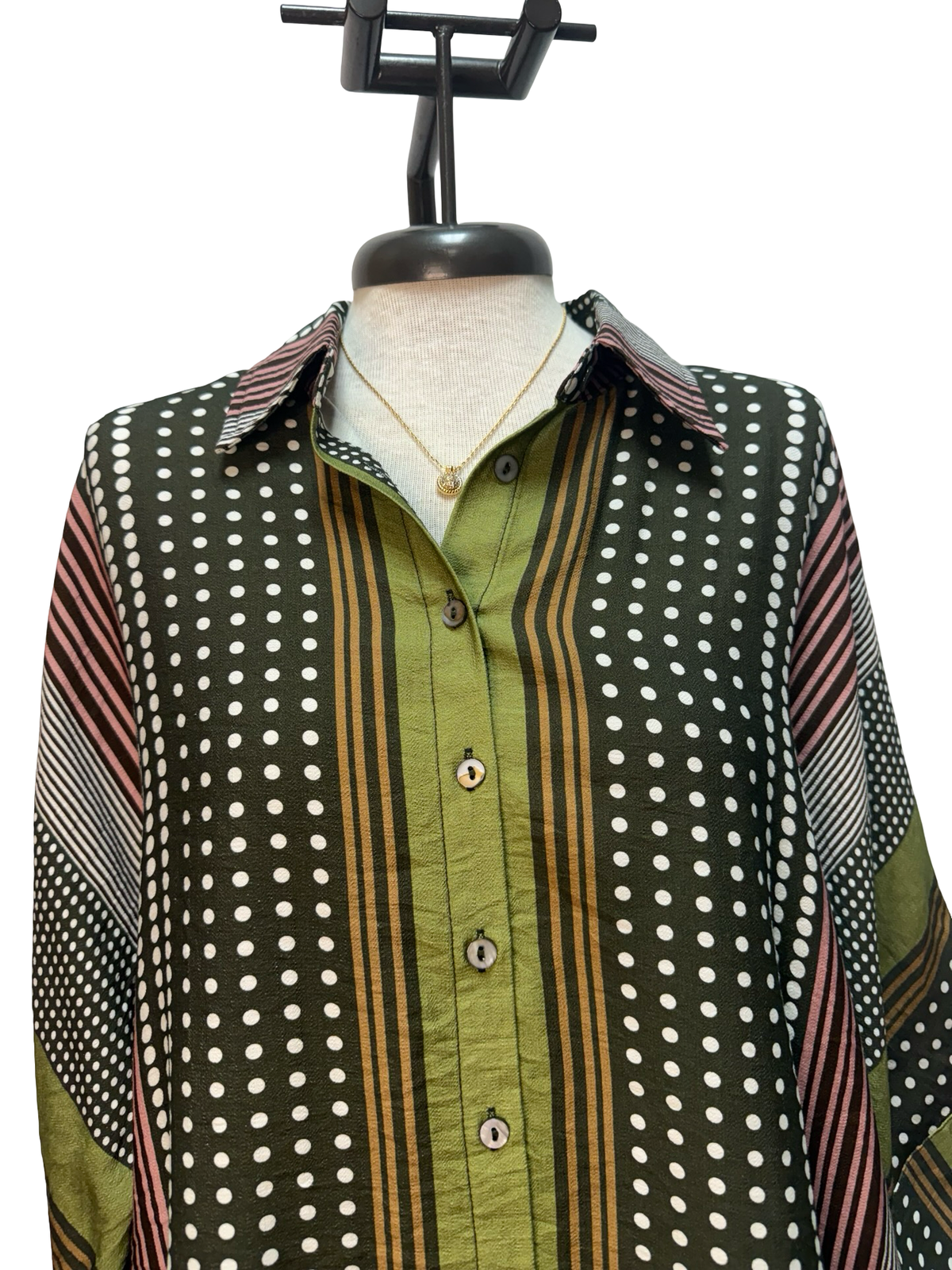 Stripe & Polka Dot Print Button Up Top Olive
