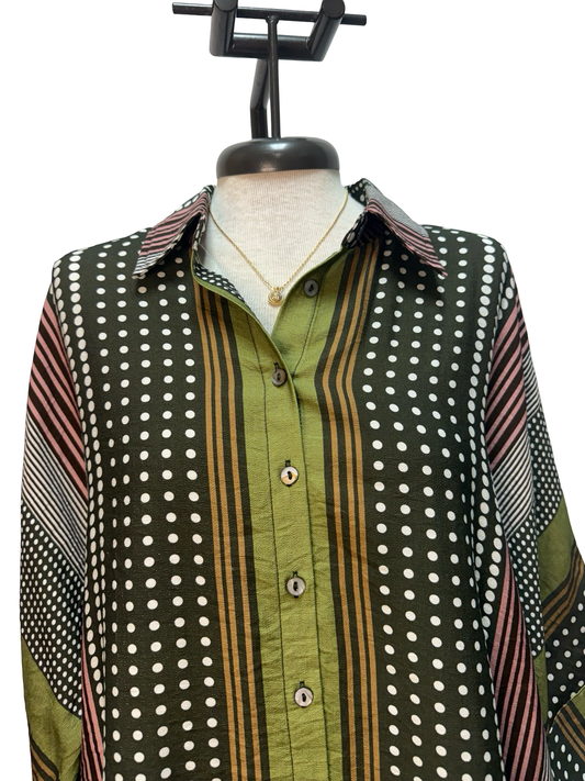 Stripe & Polka Dot Print Button Up Top Olive